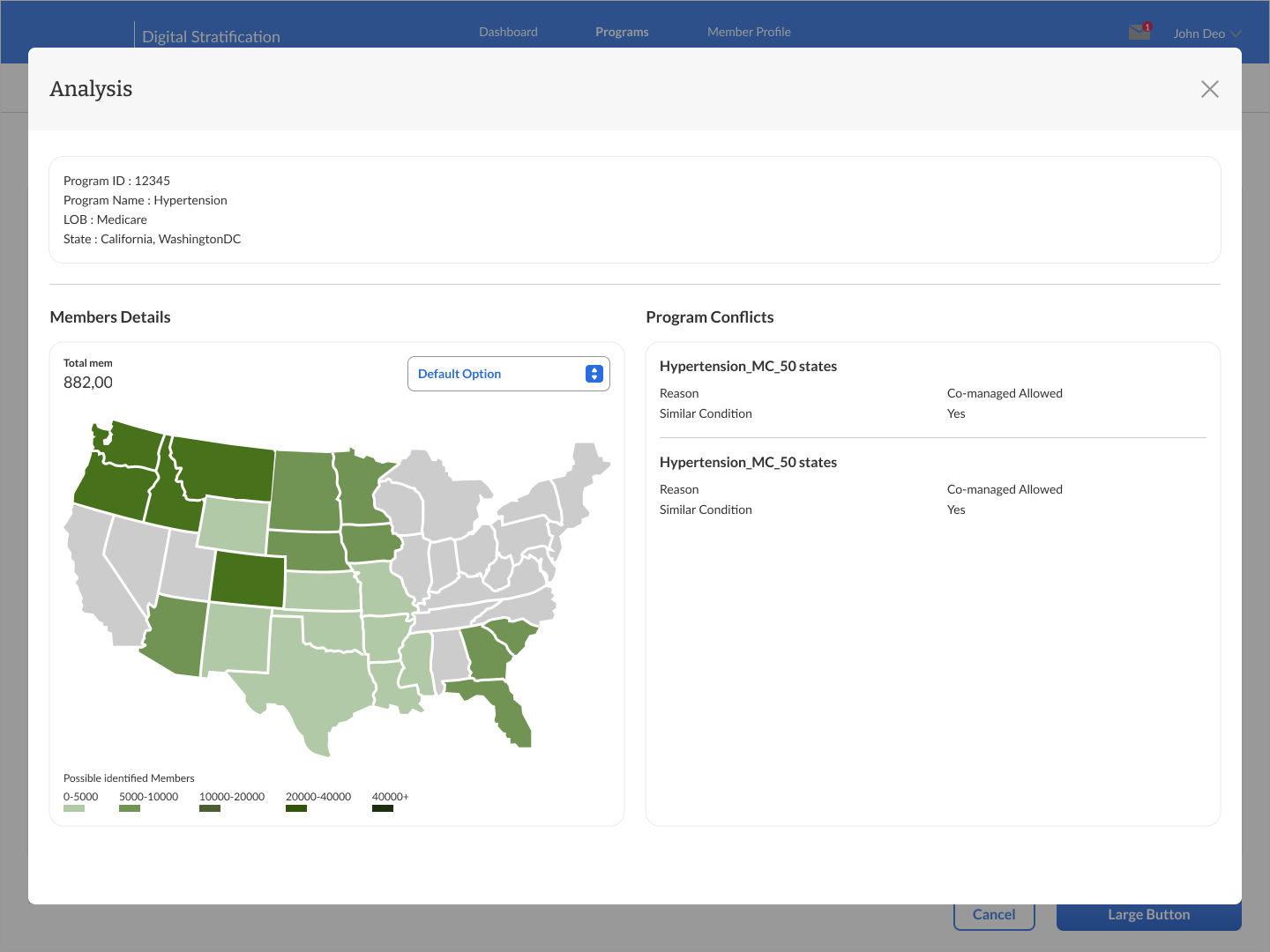 Analysis popup showing member details and map visualization