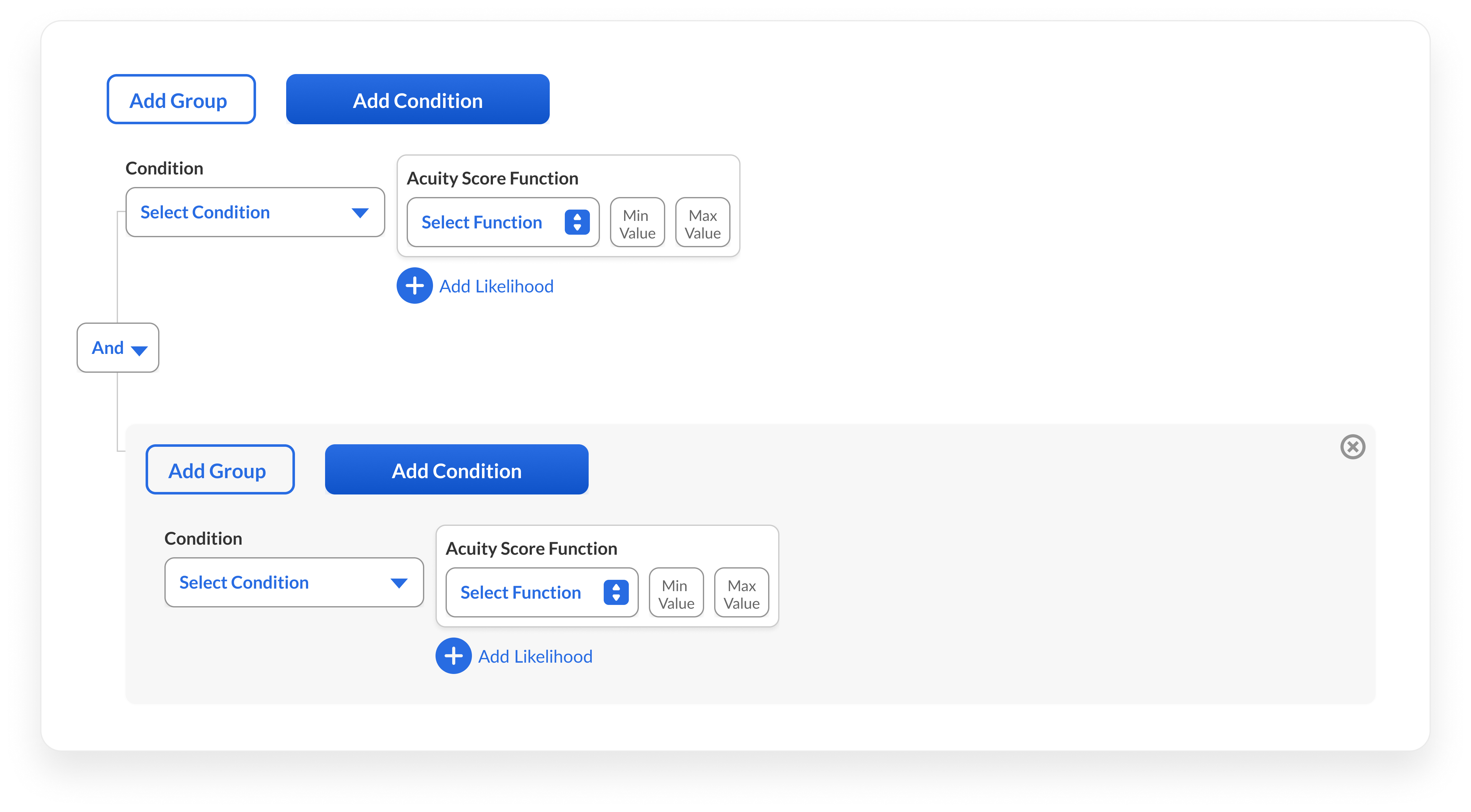 Simplified rule builder interface with condition groups and acuity score functions