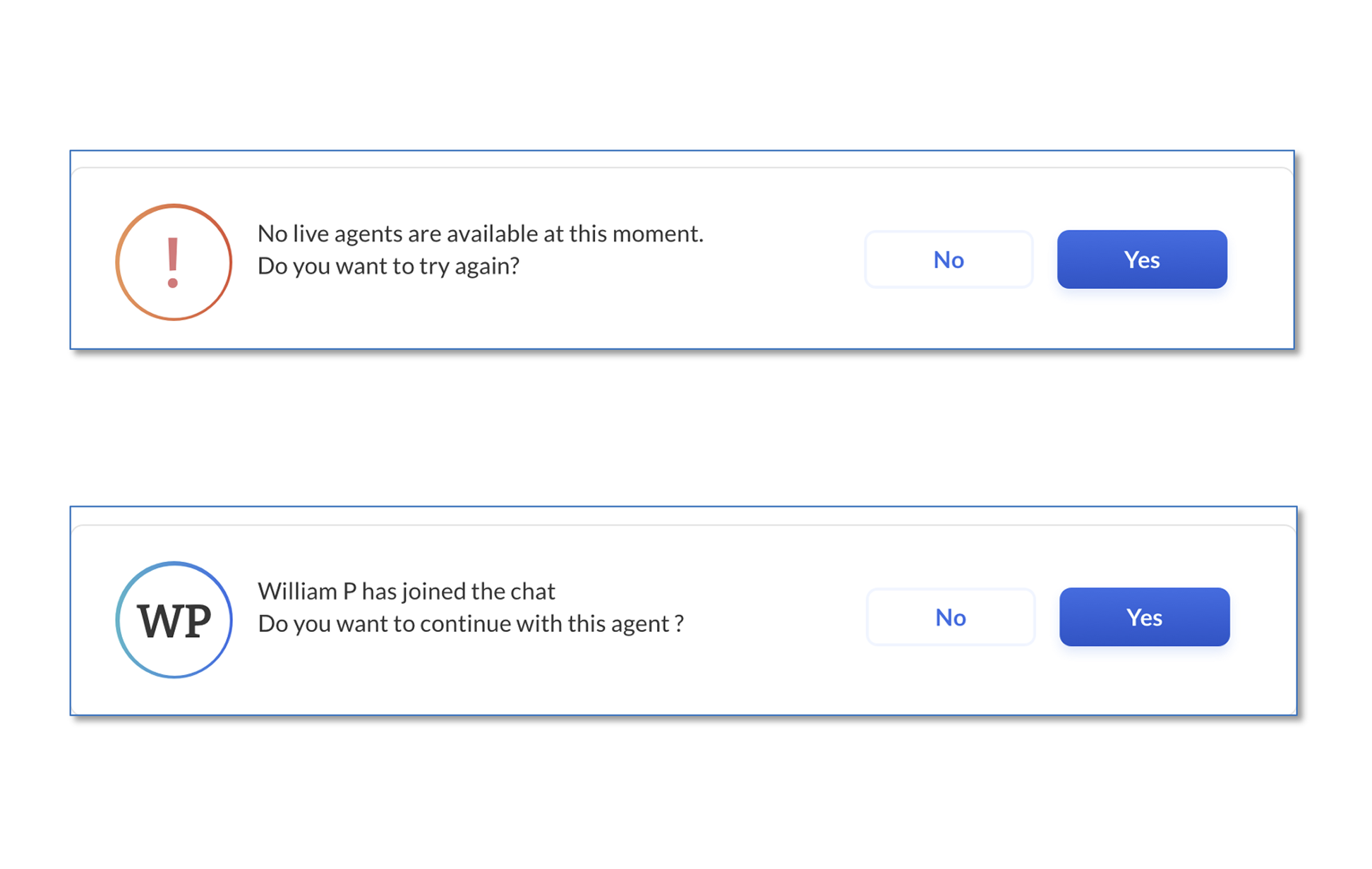 Live agent interaction design showing availability status and agent joining notifications
