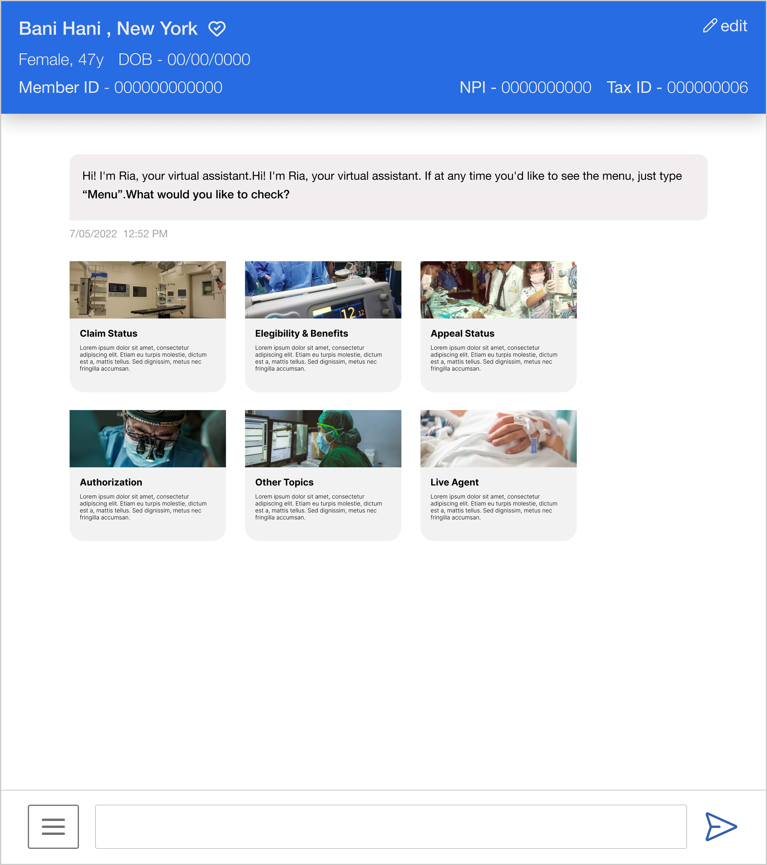 InsureBot Chat - Topic Selection Cards