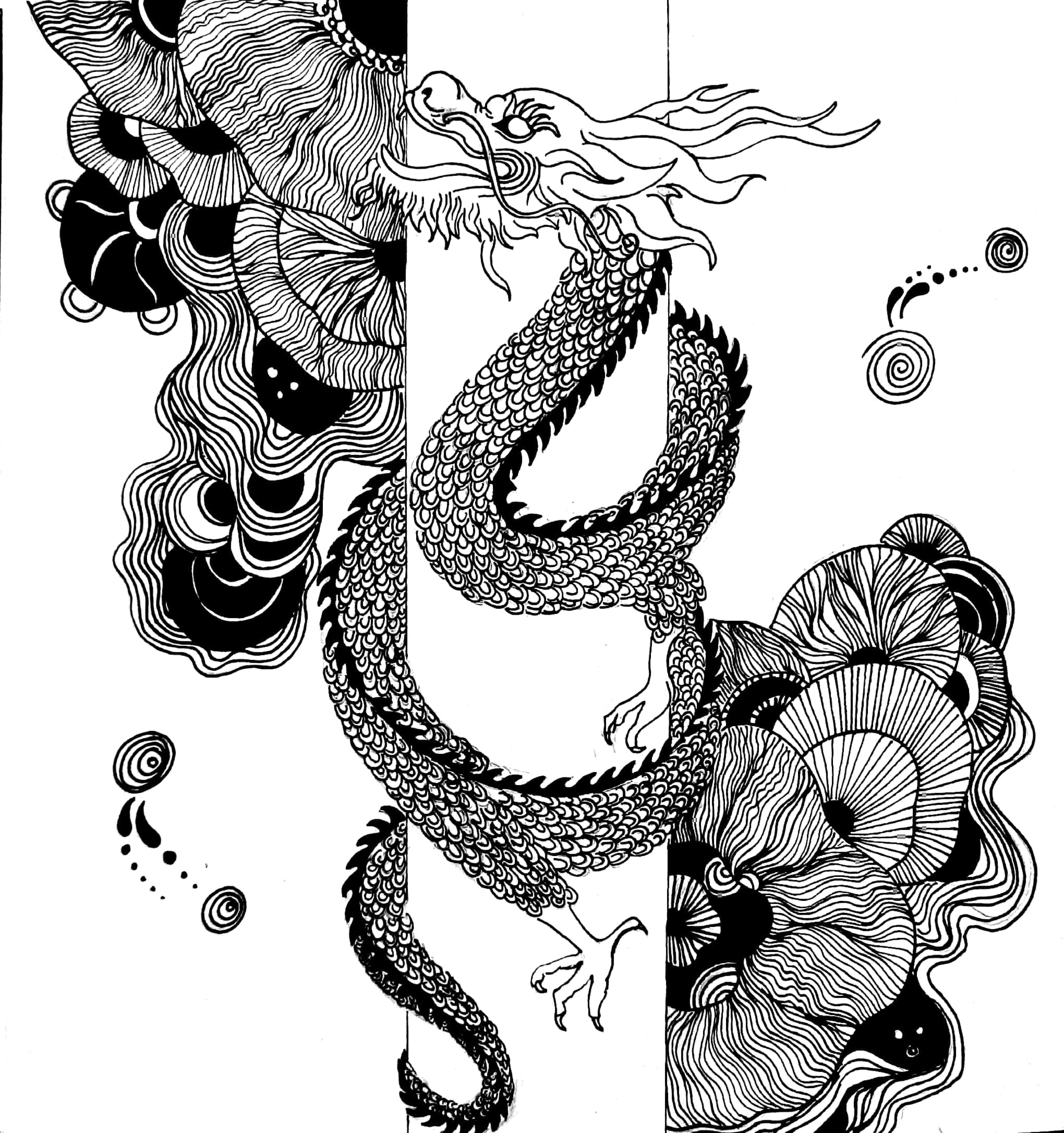 Mythical power - Dragon illustration with traditional pen and ink technique